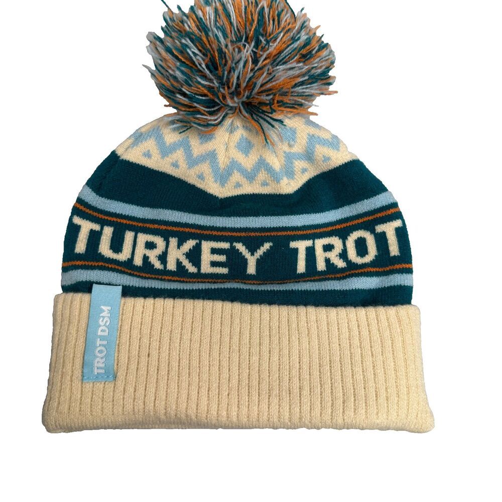 Des Moines Turkey Trot Beanie Stocking Cap Pouf Ball 100% Acrylic Blue One-Size